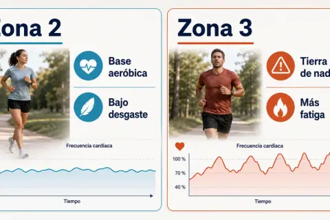 Mujer corriendo en zona 2 running, base aeróbica y bajo desgaste. Gráfica de frecuencia cardíaca estable.