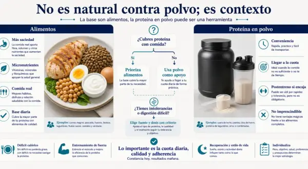La proteína en polvo sirve como apoyo práctico para alcanzar tu cuota diaria, especialmente si la comida no es suficiente o no tienes tiempo.