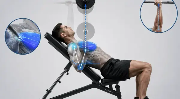 Hombre haciendo press inclinado con barra, destacando la activación del pectoral superior.