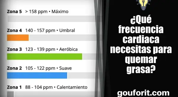 Tabla de zonas de frecuencia cardíaca para quemar grasa. Muestra zonas de calentamiento, suave, aeróbica, umbral y máxima.