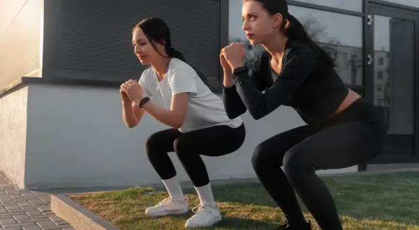 Dos mujeres hacen sentadillas, un ejercicio común en un entrenamiento AMRAP que es.