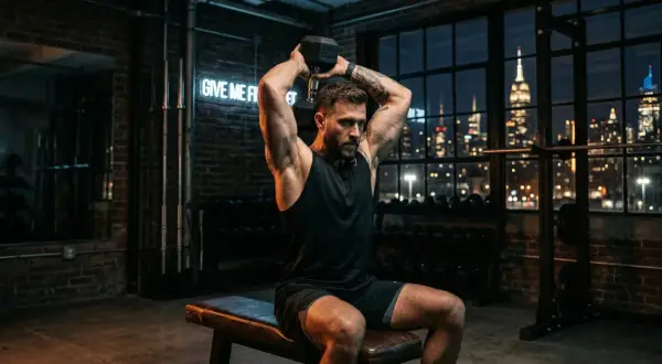 Hombre realizando ejercicio de tríceps con mancuerna en un gimnasio con vista a la ciudad.