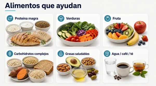 Proteína magra, verduras, fruta, carbohidratos complejos, grasas saludables y agua son alimentos para perder peso.
