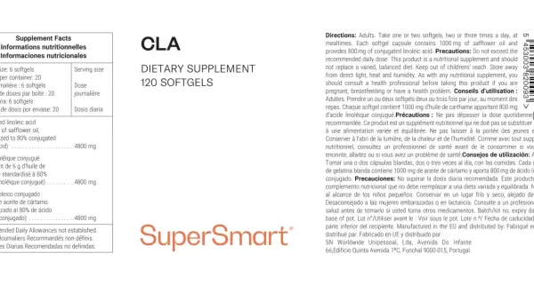 CLA: suplemento dietético de 120 cápsulas blandas. Para saber cla cuando tomar, lee las instrucciones: adultos, 1-2 cápsulas con las comidas.