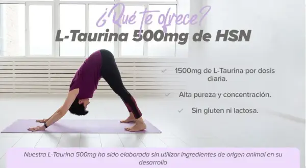 Mujer en postura de yoga. L-Taurina 500mg de HSN: 1500mg diarios, alta pureza, sin gluten ni lactosa. Descubre sus beneficios.