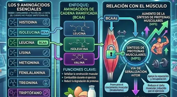 Infografía explica qué es BCAA, aminoácidos esenciales para la salud muscular, su relación con la síntesis de proteínas y el crecimiento.