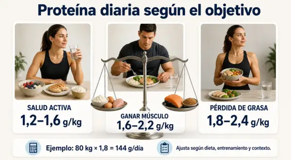 Guía visual sobre cómo tomar proteína según tu objetivo: salud activa, ganar músculo o pérdida de grasa, con ejemplos de ingesta diaria.
