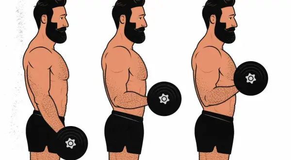 Ilustración de un hombre realizando ejercicios de empuje con mancuernas, mostrando la progresión del movimiento para fortalecer bíceps.