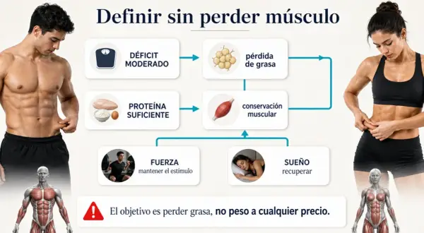 Diagrama de una dieta para definir: déficit moderado, proteína suficiente, fuerza y sueño para perder grasa sin perder músculo.