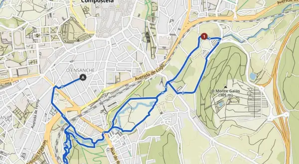 Mapa de Santiago de Compostela con ruta marcada. Un recorrido para el camino de Santiago corriendo, pasando por O Ensanche y Monte Gaiás.