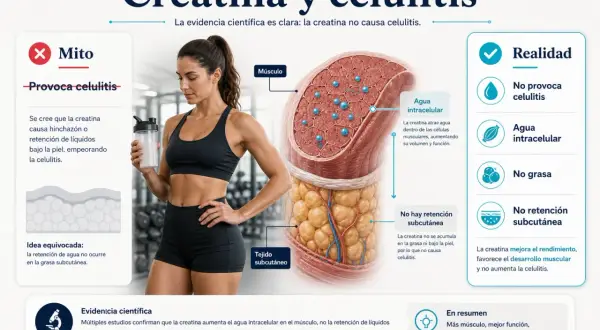 Mujer atlética con batido. Ilustración explica que la creatina no causa celulitis, sino que mejora el músculo y la función.