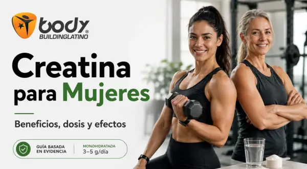 Dos mujeres fuertes y sonrientes, una con mancuerna. La imagen habla sobre creatina para mujeres, beneficios y dosis. ¿Cuánto tiempo tomar creatina? Descúbrelo.