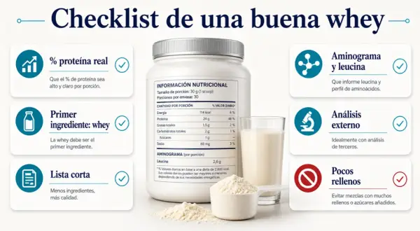 Checklist para elegir whey protein: alto % proteína, primer ingrediente whey, pocos rellenos, análisis externo y aminograma con leucina.