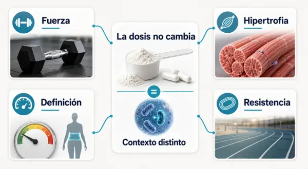 La creatina sirve para fuerza, hipertrofia, resistencia y definición. La dosis no cambia, el contexto sí.