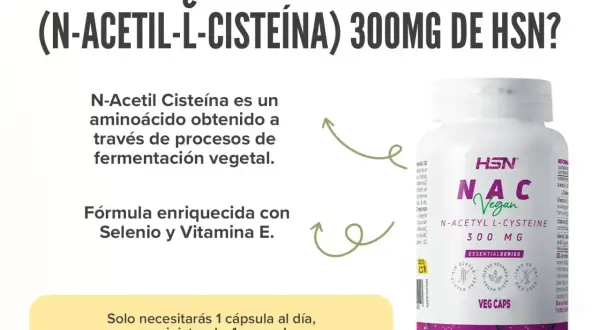 Descubre el NAC de HSN: N-Acetil L-Cisteína 300mg, vegano, con Selenio y Vitamina E. Conoce sus propiedades y contraindicaciones.