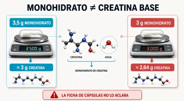 Comparación de la fase de carga de creatina: 3.5g de monohidrato dan ~3g de creatina, mientras que 3g de monohidrato dan ~2.64g.