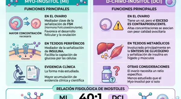 Comparativa de inositol: el DCI en exceso tiene contraindicaciones, afectando la calidad ovocitaria. El MI es más estudiado.