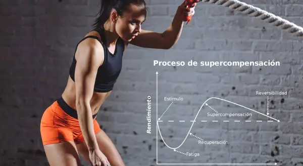 Mujer entrenando con cuerda. Gráfico muestra el proceso de supercompensación, indicando que cada cuanto hacer una semana de descarga para optimizar la recuperación y el rendimiento.