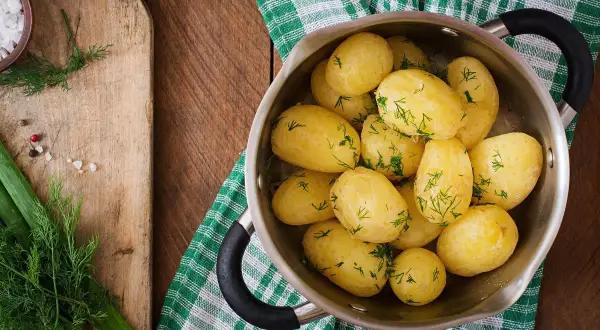 Patatas cocidas con eneldo en una olla. ¿Cuánto engorda la patata cocida? Depende de cómo la prepares.
