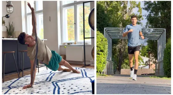 Hombre haciendo ejercicio en casa y corriendo al aire libre. Su rutina incluye un estiramiento lateral y un trote cochinero para mantenerse en forma.