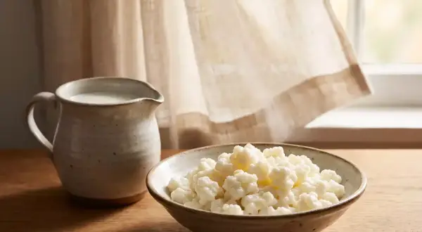 Granos de kéfir en un cuenco y jarra de leche junto a la ventana. ¿Cuánto kéfir se puede tomar al día?