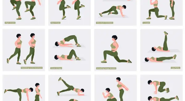 Rutina de ejercicios tren inferior: high knees, butt kicks, mountain climbers, lunges, glute bridge, donkey kicks y más.