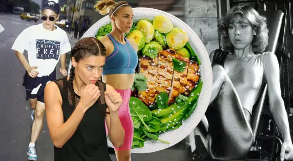 Mujeres activas y un plato de comida saludable. Un recordatorio de cuándo comer fruta y mantener un estilo de vida activo.