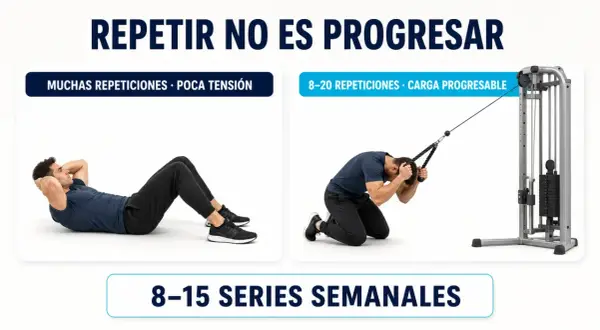 Hombre haciendo abdominales y otro con polea alta. Mejora tu rutina abdomen gym con carga progresable.