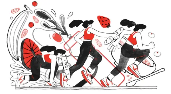 Ilustración de mujeres corriendo, con elementos de comida como plátanos y fresas, representando la dieta running.