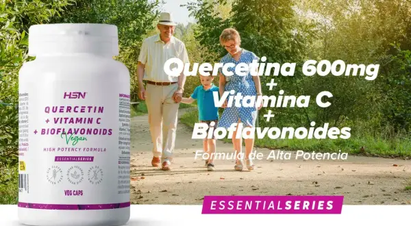 Un frasco de HSN Quercetina + Vitamina C + Bioflavonoides, con una familia paseando. Los bioflavonoides son compuestos vegetales beneficiosos.