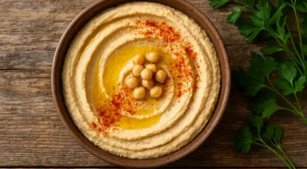 Un cremoso hummus en un cuenco de barro, decorado con garbanzos, aceite de oliva y pimentón. ¡Cuidado, el hummus engorda si te excedes!