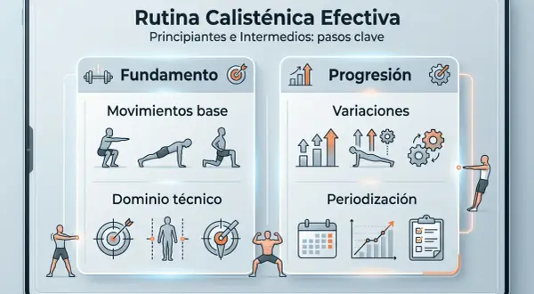 Rutina calistenia: Fundamento (movimientos base, dominio técnico) y Progresión (variaciones, periodización).