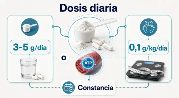 Infografía sobre cómo se toma la creatina: dosis diaria de 3-5 g o 0,1 g/kg, con agua y constancia para ATP muscular.