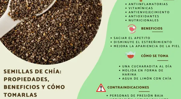 Semillas de chía: propiedades, beneficios y cómo tomar chía. Incluye información sobre sus usos y contraindicaciones.
