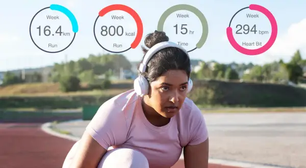 Mujer con auriculares en una pista de atletismo, con estadísticas de ejercicio: 16.4 km, 800 kcal, 15 horas y 294 bpm. ¡Controla tus calorías diarias!