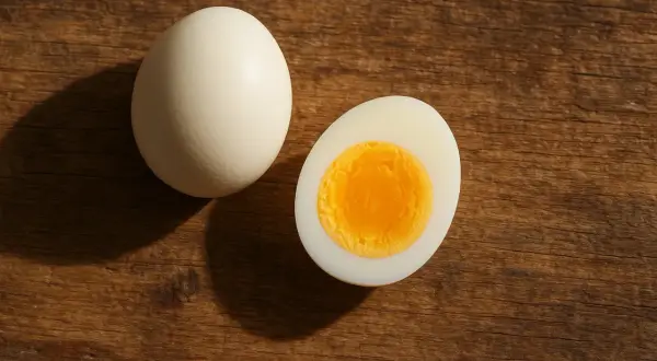 Un huevo cocido entero y otro partido por la mitad, mostrando su yema dorada. Un alimento rico en proteínas para empezar el día.