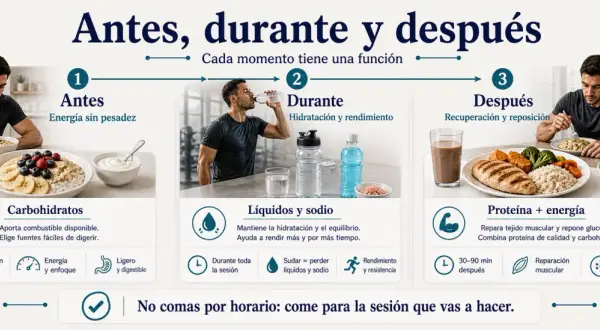 Hombre comiendo avena con frutas. La imagen explica qué comer antes de salir a correr: carbohidratos para energía sin pesadez.