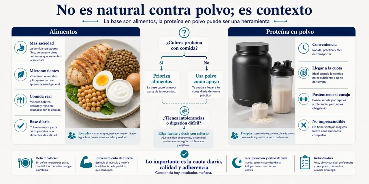 La proteína en polvo sirve como apoyo práctico para alcanzar tu cuota diaria, especialmente si la comida no es suficiente o no tienes tiempo.