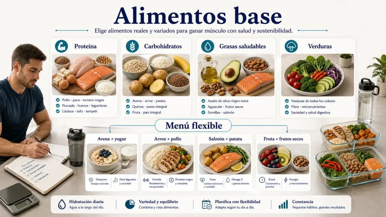 Hombre planificando dieta con alimentos ricos en proteína como pollo, salmón y huevos, esenciales para la leucina.