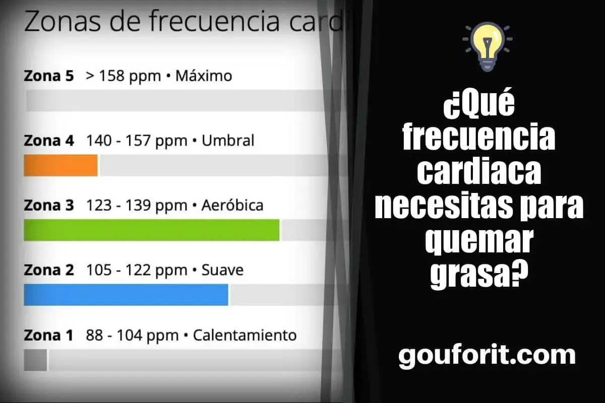Tabla de zonas de frecuencia cardíaca para quemar grasa. Muestra zonas de calentamiento, suave, aeróbica, umbral y máxima.