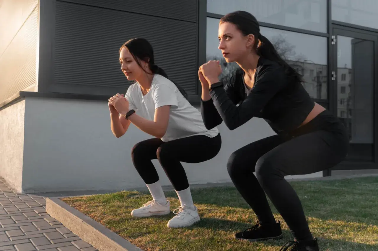 Dos mujeres hacen sentadillas, un ejercicio común en un entrenamiento AMRAP que es.