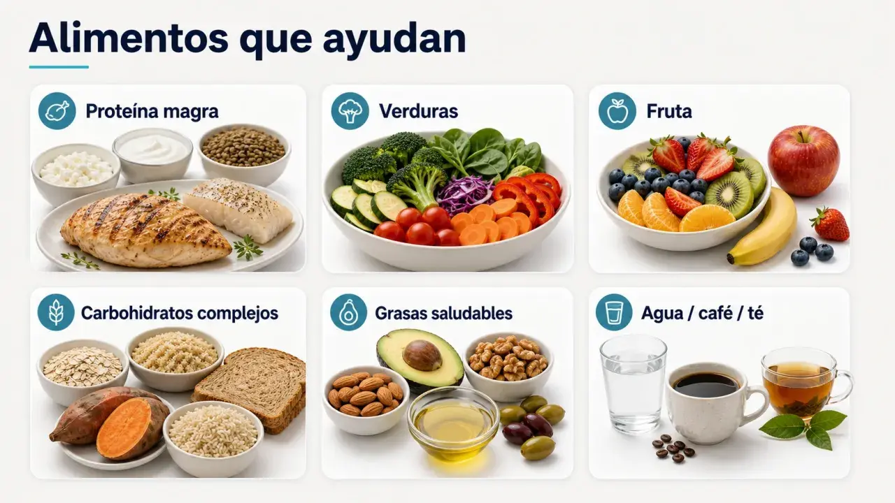 Proteína magra, verduras, fruta, carbohidratos complejos, grasas saludables y agua son alimentos para perder peso.