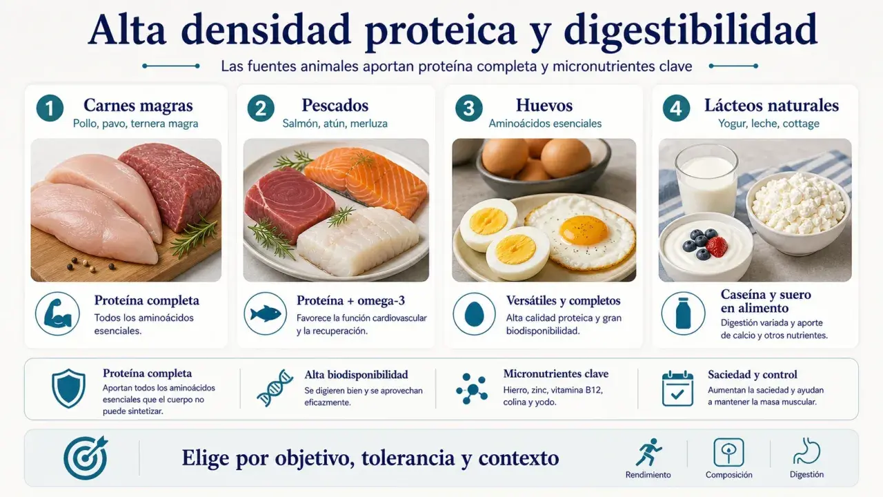 Lácteos naturales como el yogur y el queso son una excelente fuente de proteína, además de carnes, pescados y huevos.