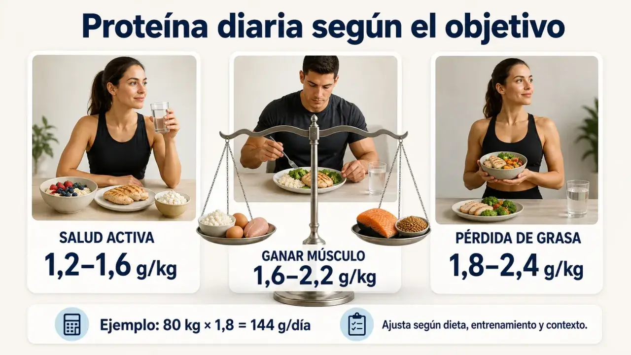 Guía visual sobre cómo tomar proteína según tu objetivo: salud activa, ganar músculo o pérdida de grasa, con ejemplos de ingesta diaria.