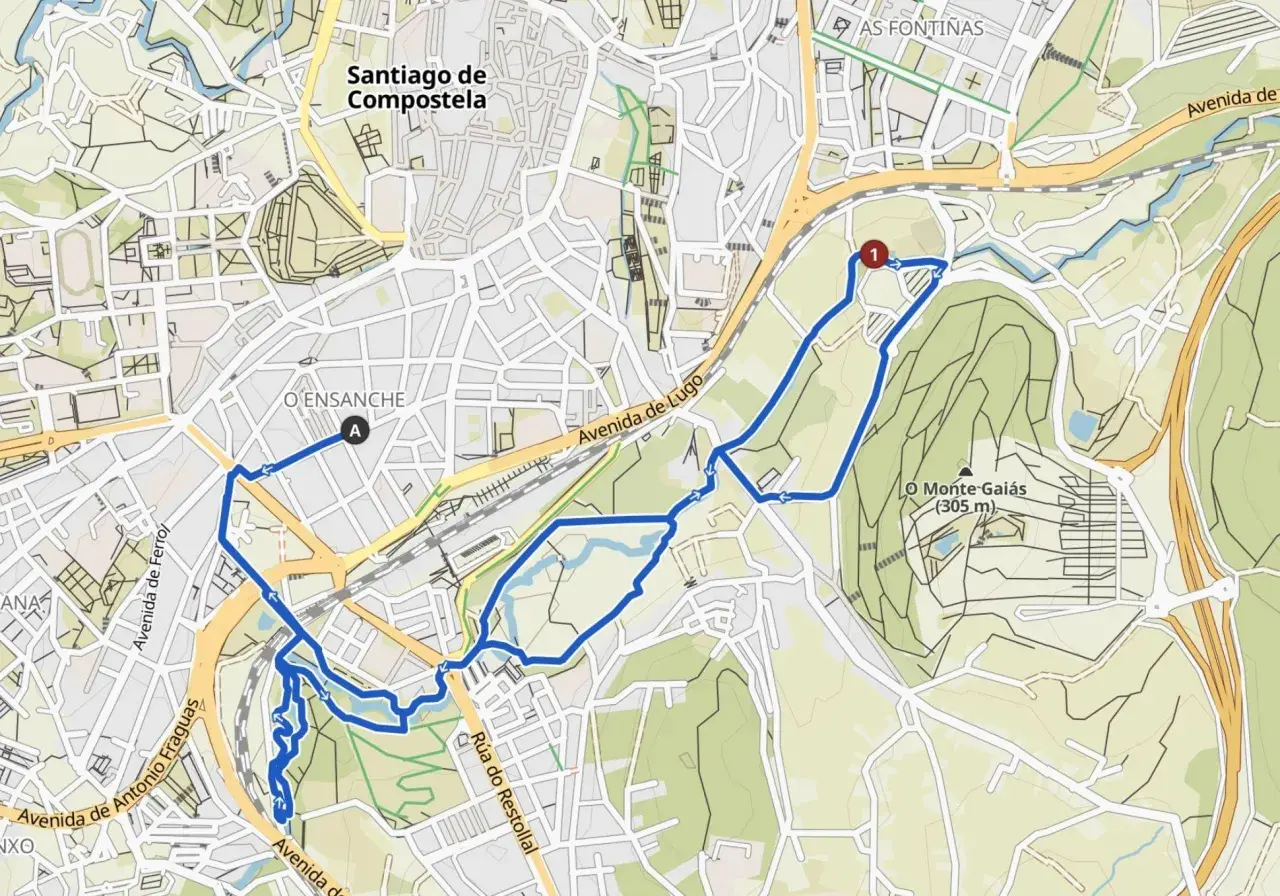 Mapa de Santiago de Compostela con ruta marcada. Un recorrido para el camino de Santiago corriendo, pasando por O Ensanche y Monte Gaiás.