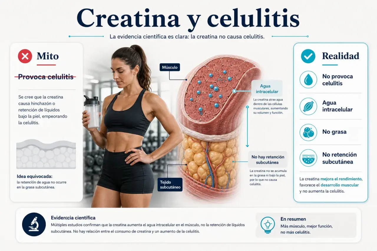 Mujer atlética con batido. Ilustración explica que la creatina no causa celulitis, sino que mejora el músculo y la función.