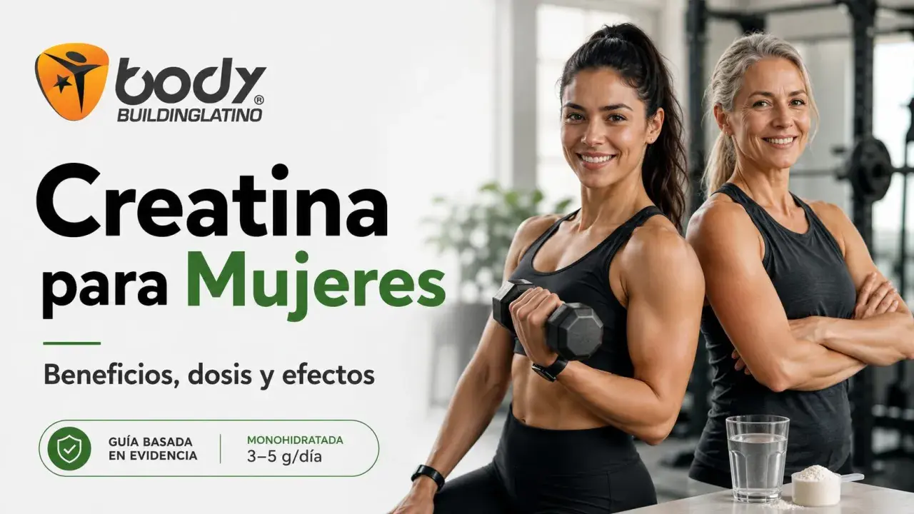 Dos mujeres fuertes y sonrientes, una con mancuerna. La imagen habla sobre creatina para mujeres, beneficios y dosis. ¿Cuánto tiempo tomar creatina? Descúbrelo.