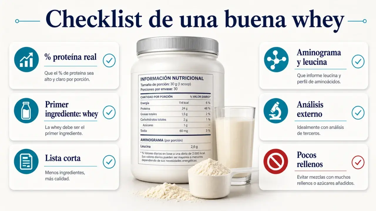 Checklist para elegir whey protein: alto % proteína, primer ingrediente whey, pocos rellenos, análisis externo y aminograma con leucina.