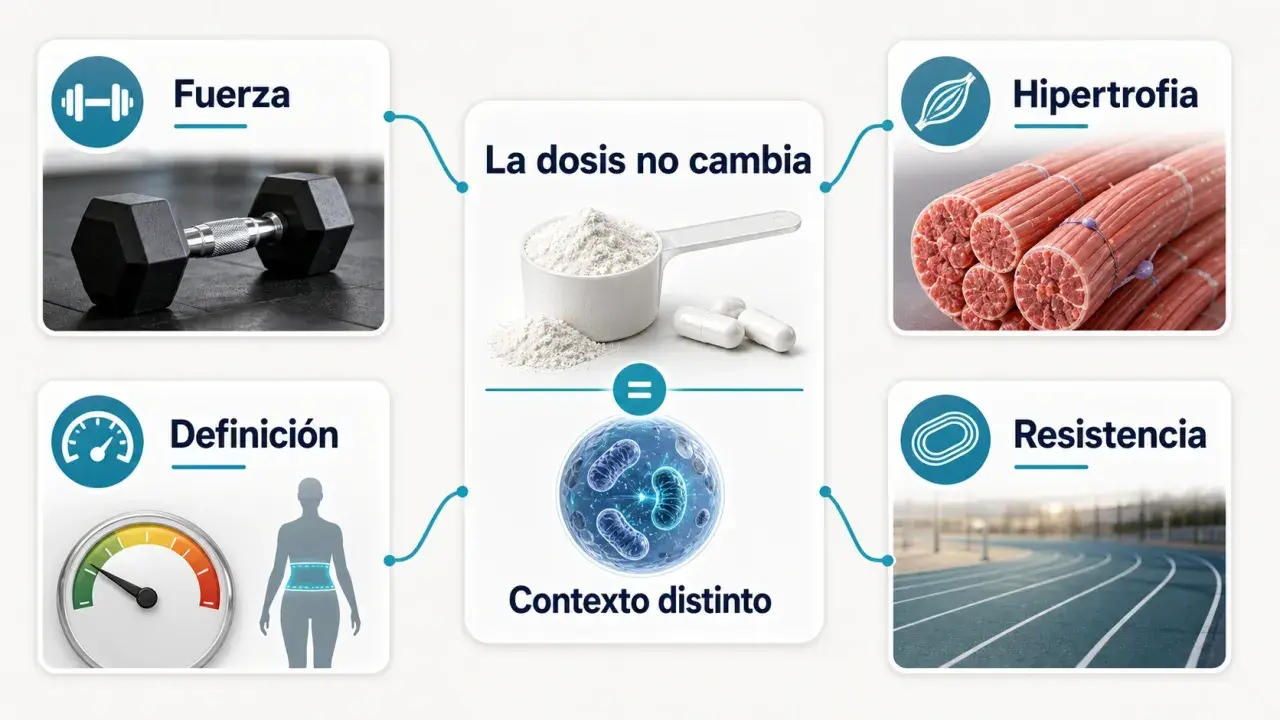 La creatina sirve para fuerza, hipertrofia, resistencia y definición. La dosis no cambia, el contexto sí.