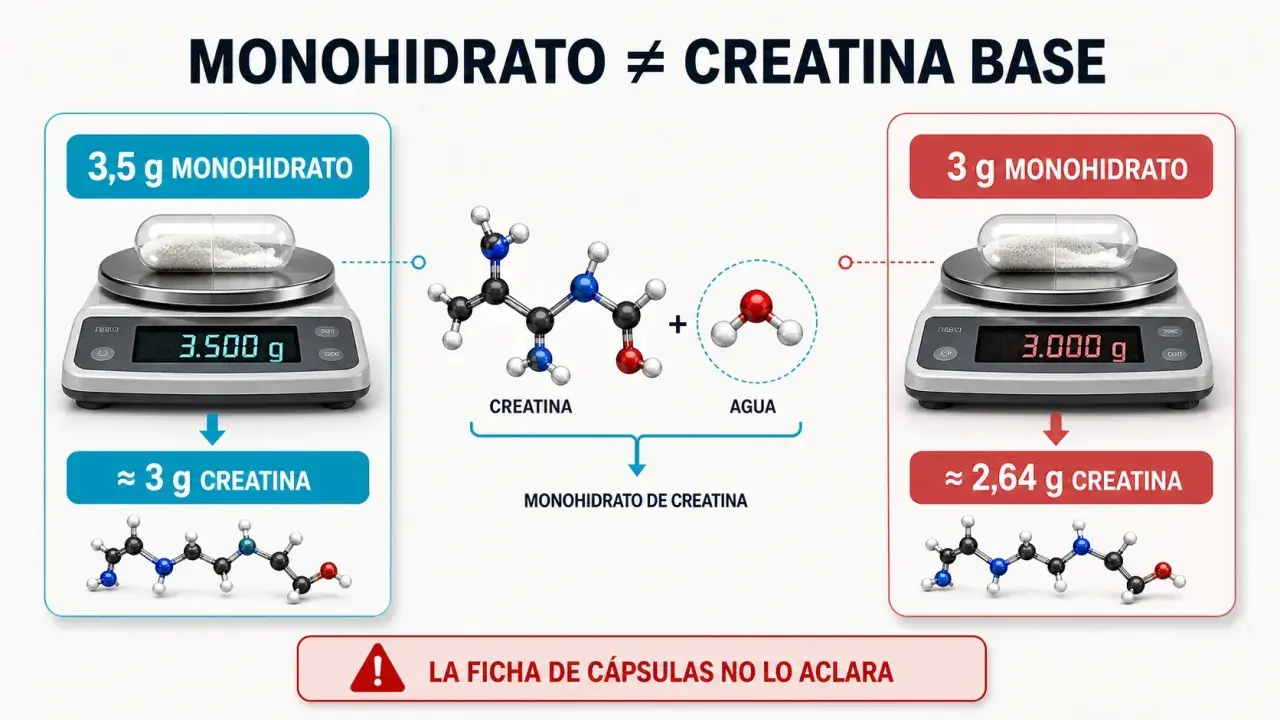 Comparación de la fase de carga de creatina: 3.5g de monohidrato dan ~3g de creatina, mientras que 3g de monohidrato dan ~2.64g.